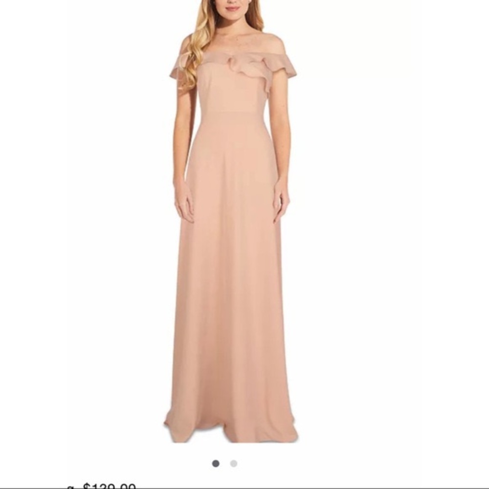 Adrianna Papell Ruffled Off Shoulder Blush Gown